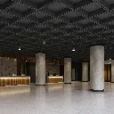 Lobby elegante con techo de paneles.webp